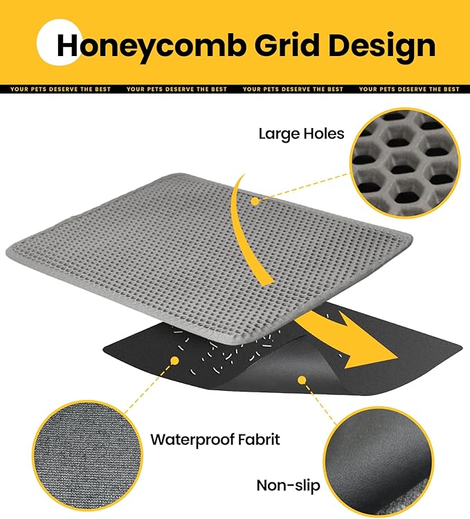 Cat Litter Trapping Mat, 24"x18" Universal Fit Litter Box Floor Mat, Hexagon Grids & Anti-Leak Base, Machine Washable, Non-Slip Kitty Mat for Most Homes, Gray