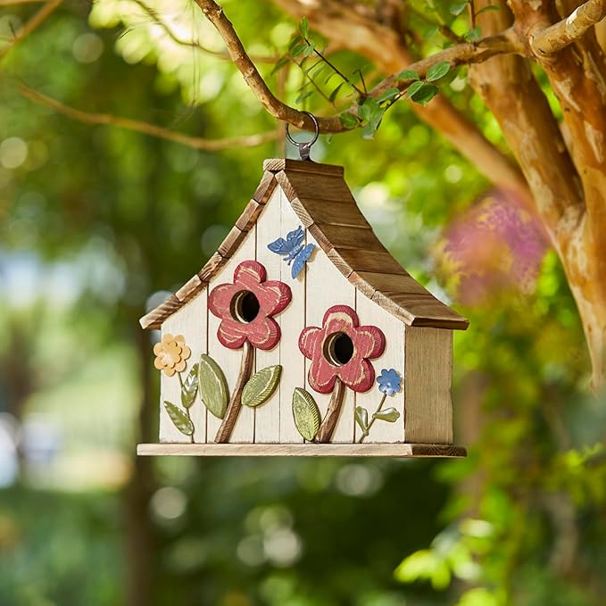 Glitzhome Bird Houses for Outside, 10.75" L Distressed Solid Wood Hanging Birdhouse with 3D Flowers Rustic Two-Story Townhouse Hand-Painted Garden Bird Houses for Outdoors,Washed White