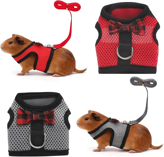 Guinea Pig Harness and Leash，2packs Guinea Pig Clothes Baby Ferret Rats Hamster Soft Mesh Harness Leash for Decoration，Hamster Harness can be Adjusted to Any Size. (Red + Grey)