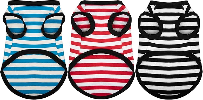 Paiaite 3-Piece Dog Striped Shirt Set - Light Color Cotton Sleeveless Tank Top - Breathable Pet Apparel - Small to Medium Dogs - Black, Red, Blue
