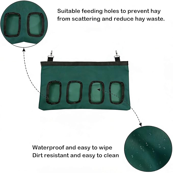 Rabbit Hay Feeder Bag, Large Capacity Rabbit Hay Bag Small Animal Hanging Hay Bag 600D Oxford Cloth Bunny Hay Feeder Bag for Rabbits Guinea Pigs Chinchillas (DarkGreen-4 Holes-1Pcs)