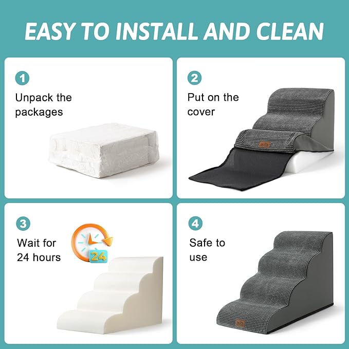 COZY KISS Dog Stairs for Small Dogs 19.7" H, Curved Dog Step for Puppy, Older or Cat, Medium Pet Ramp for Sofa, Couch or Bed, Ladder with High Density Foam, 4 Step, 15.7x28.3x19.7 inch, Charcoal Grey