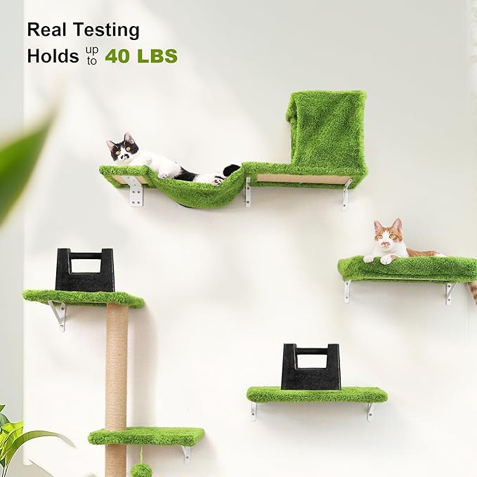 FUKUMARU Cat Wall Shelves, Stable & Safe 5 in 1 Cat Walls Furniture Set, Wooden Kitten Climbing Wall with Scratching Post for 16 Inch Drywall - Green