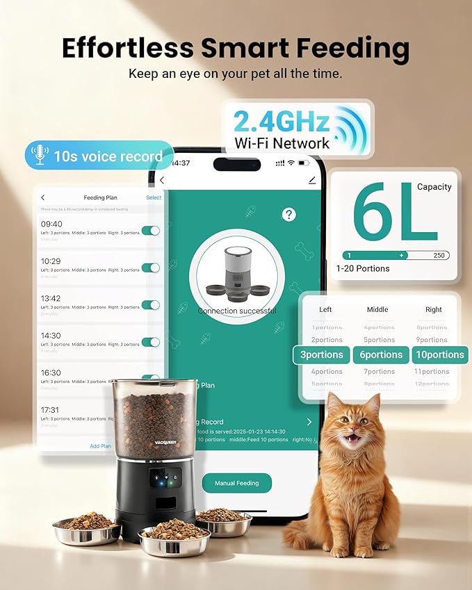 Automatic Cat Feeder for 3 Cats, 6L/25 Cup Cat Food Dispenser with Strong Anti-Jam System, Dual-Effect Desiccant, Smart WiFi App Control Pet Feeder, Automatic Dog Feeder with 10S Recorder