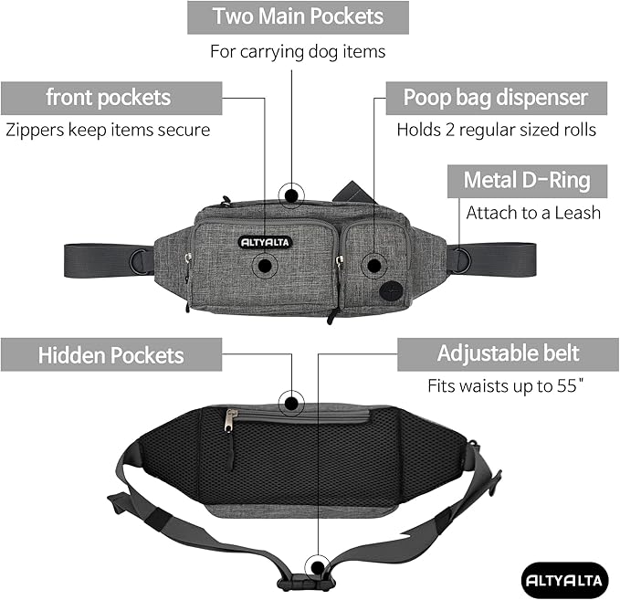 EZ Dog Walking Fanny Pack, Dog Training Treat Pouch, Easy for Walking with Dogs, Belt Bag with 6 Pockets and Waste Bag Dispenser