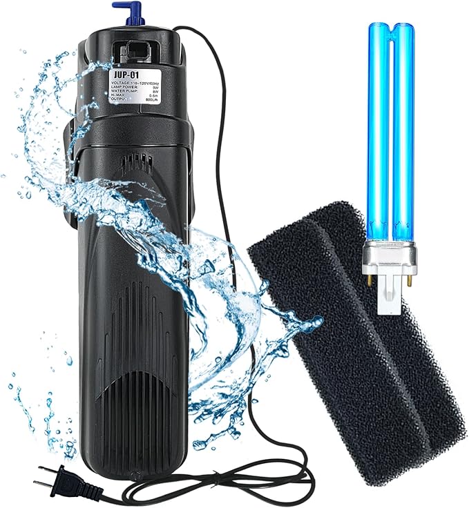 COOSPIDER Aquarium Filter with 9W U-V Light JUP-01 210GPH for 40-80 Gallon | Submersible Fish Tank Filter with 1 Spare Bulb + 2 Replace Sponge for Green Clean, Oxygen Supply, Deodorization, Water Cycle