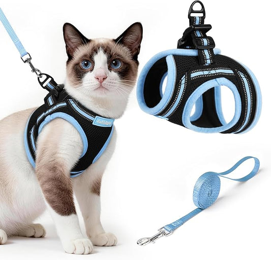 rabbitgoo Cat Harness and Leash Set for Walking Escape Proof, Adjustable Soft Kittens Vest with Reflective Strip for Cats, Comfortable Outdoor Vest, Black & Light Blue, L