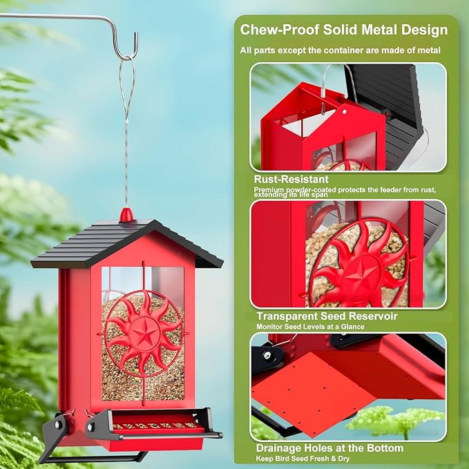 Squirrel Proof Bird Feeders for Outdoors with Weight-Activated, 5LB Large Metal Wild Bird Feeders for Cardinals,Blue Jay,Finch, Weatherproof Durable Hanging Bird Feeder for Backyard,Garden (Red)