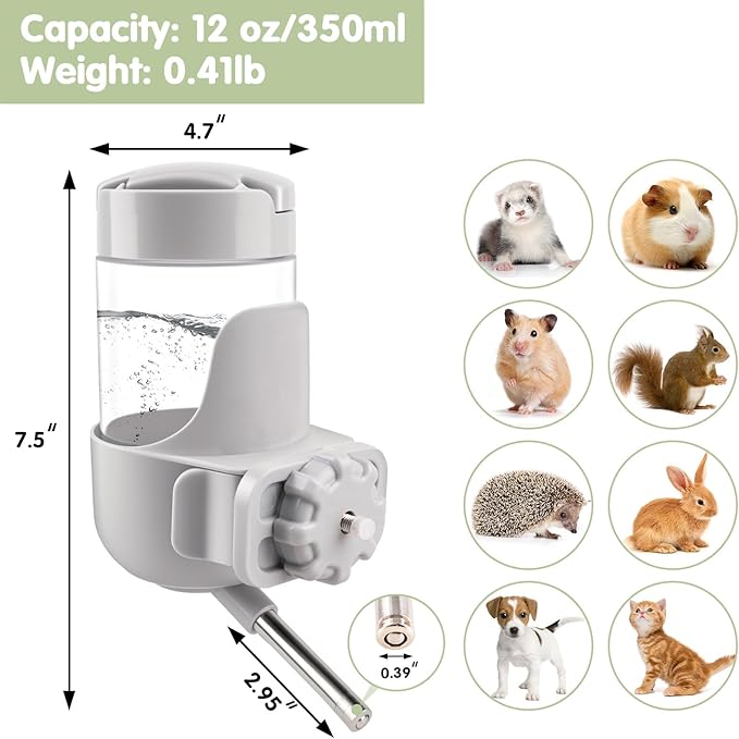 Depets Guinea Pig Water Bottle No Drip, 12 oz Small Animal Water Dispenser for Rabbit Hamster Rat Ferret Kitten, Top Refill Cage Water Bottle with Screw Fastener