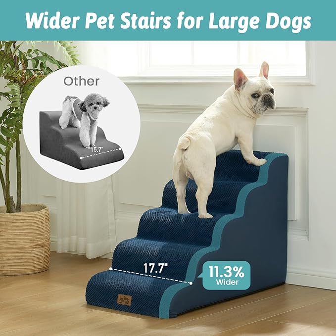 COZY KISS Wide Dog Stairs for Small Dog 22.6" H, Curved Pet Step for Puppy, Older Cat, Curved Ramp for High Bed or Car, Ladder with High Density Foam, Durable, 5 Step, 17.7x33x22.6 inch, Navy Blue