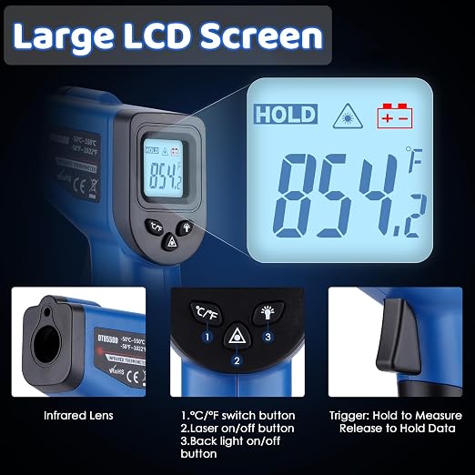 Digital Laser Thermometer for Griddle,Infrared Temperature Gun for Cooking | Larger Font Clear LCD Backlit, -58℉~1022℉ IR Thermometer for Blackstone Pizza Oven Deep Frying, Hard Carrying Case, Blue