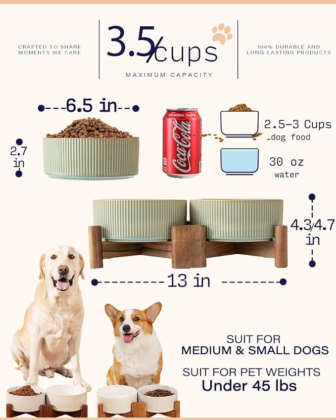 Getstar Ceramic Dog Bowls Set with Acacia Wood Stand, 3.5 Cups Pet Bowls Set of 2 for Medium Dogs, Cute Dog Food Bowl, Cat Bowls
