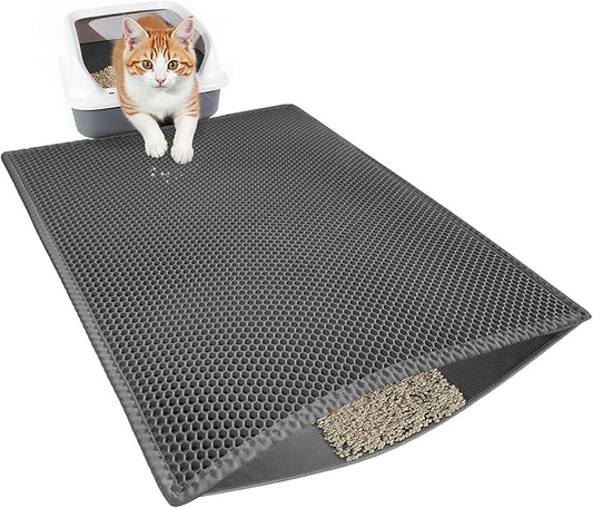 Cat Box Mat Double Layer Waterproof Proof Litter Box mat, Non-Slip Design, Reduces Litter Scatter, Easy to Clean, Grey Cat Litter Trapping Mat 29.9'' x 24''Inch
