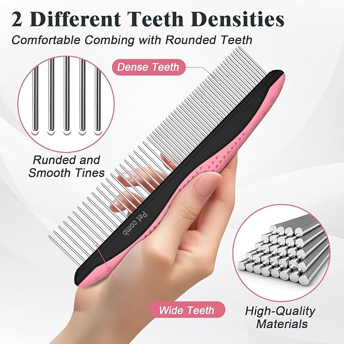 2PCS Self Cleaning Slicker Brush & Dog Comb - Skin Friendly Deshedding Grooming Tool for Dogs, Cats and Small Animals, Professional Deshedding Dematting Tool for Long and Short Haired Pets (Pink)