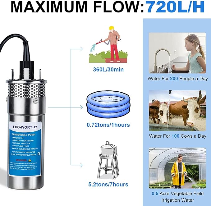 ECO-WORTHY 24V Well Pump 3.2GPM 4" Stainless Steel, Max Lift 230FT Deep Well Water Pump/Alternative Energy Solar, Well Pump Solar Water Pump