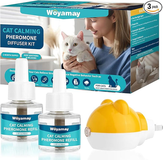 Woyamay Cat Calming Diffuser - Cat Pheromones Calming Diffuser for Cat Anxiety Relief 3-in-1 Cat Pheromone Diffuser Kit with 1 Diffuser + 2 Refill 48ml Vial - 60 Days Pheromone Diffuser to Calm Cats