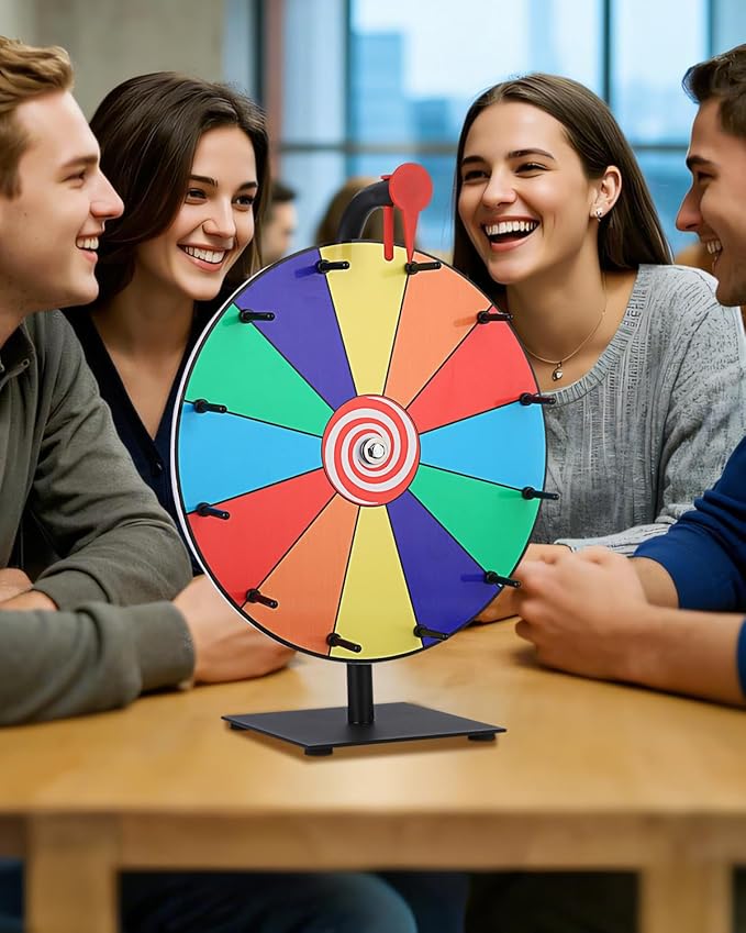 Prize Wheel 12 Inch, Spinning Wheel with 12 Writable Slots, Durable Spin The Wheel Game with Stand for Events, Classroom Games, and Party Raffles