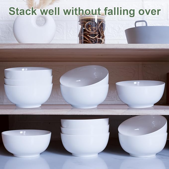 AntoKueh Large 6-Inch Ceramic Bowls Set of 6, 26oz Deep Porcelain Bowls for Cereal, Salad, Noodles - Dishwasher & Microwave Safe, White
