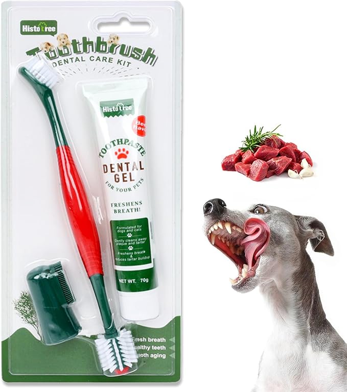 Dog Toothbrush and Toothpaste Kit Beef Dog Toothpaste(70g) Soft Nylon Double-Head Dog Toothbrush Green Dog Finger Toothbrush Puppy Tooth Brushing Kit Pet Dental Care Kit for Dogs and Cats