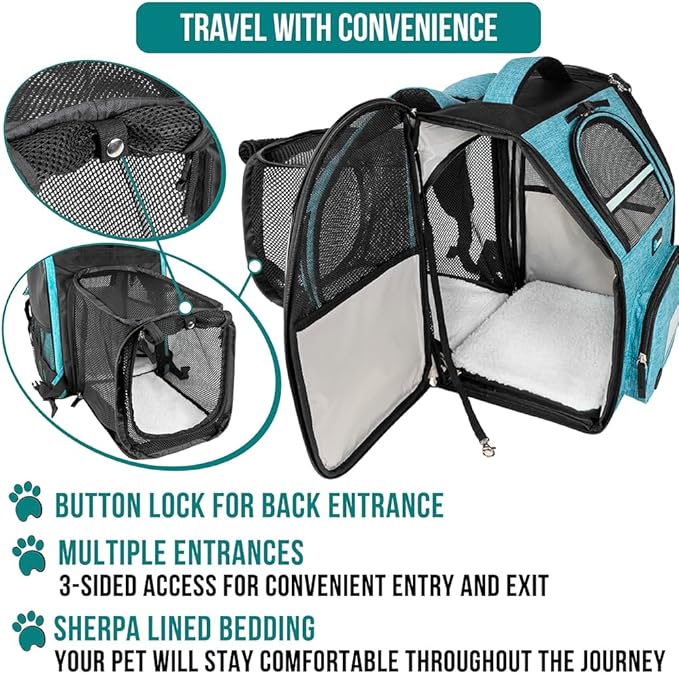 PetAmi Expandable Dog Backpack Carrier for Cats & Pets, Breathable Cat Carrier Backpack with Top Window & Multi-Entry, Ventilated Foldable Travel Carrier for Small Medium Pets up to 18 lbs, Teal Blue