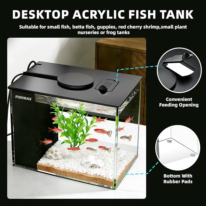 0.5Gal (1.9L) Small Aquarium with Water Filter Pump and LED Light | Ideal for small fish