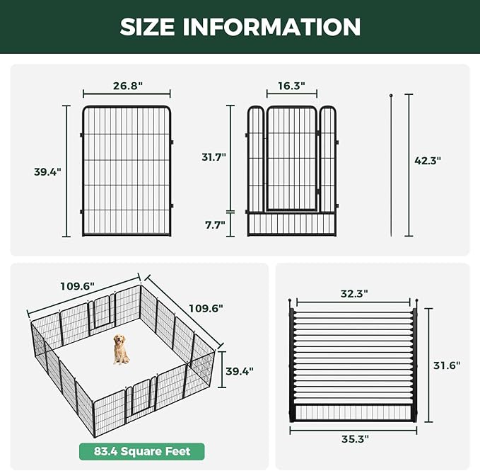 FXW Rollick Unleashed Dog Playpen for Indoor, Yard, RV Camping, 40 inch 16 Panels Dog Pen with RV Step Grid for Medium and Large Dogs, Black│Patented