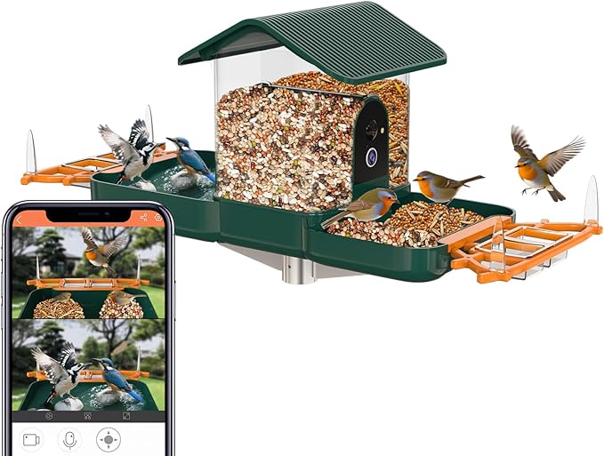 Dual-Lens Bird Feeder with Camera & Bird Bath Combo, Watch Birds Eat & Bathe with WiFi 2K HD Video, Auto Record, AI Recognition, APP Alerts, Solar Powered, for Backyard Garden Porch Fence Decor