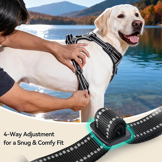 PHOEPET No Pull Dog Harness Medium Reflective Front Clip Vest with Handle,Adjustable 2 Metal Rings 2 Buckles(L, Grey)