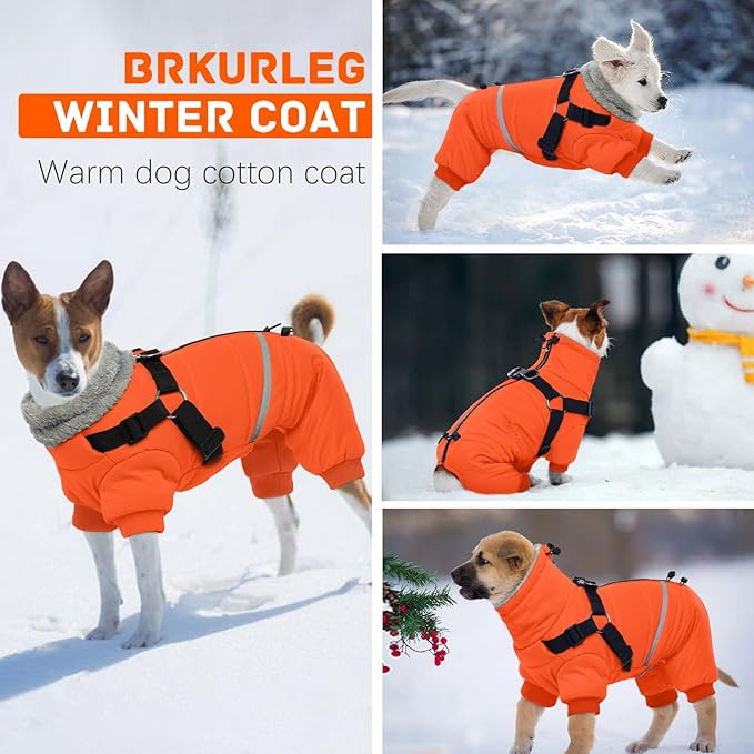 BRKURLEG Small Dog Winter Coat with Harness Built in, Orange Winter Dogs Jackets, Fullbody Dog Coat, Dogs Snowsuits Reflective Windproof Cold Weather Coats, Pet Warm Fleece Coats, XXL