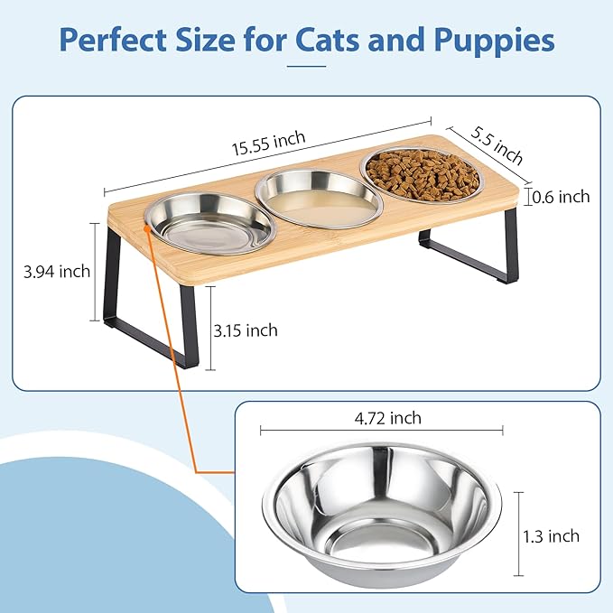 Hannadepot Elevated Cat Bowls, 15° Tilted Raised Cat Food and Water Bowl, Anti-Vomit & Whisker-Friendly Design, 3 Stainless Steel Bowls for Cats and Small Dogs