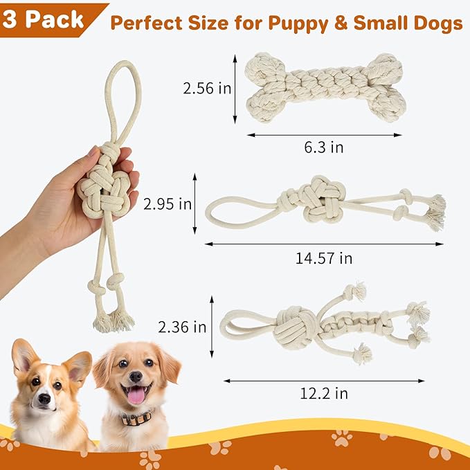 3 Pack Cotton Rope Dog Toy Set, Indestructible Chew Toys for Aggressive Chewers, Puppy Teething Toys with Bone, Human & Chinese Knot Designs for Boredom Relief & Tug of War， White