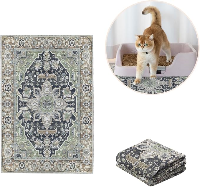 Lovewag Pets Cat Litter Box Mats 2 Pack - Small 16x24 Machine Washable, Easy Clean, Non-Slip, Waterproof Mats for Indoor Cats - Kitty Litter Mess Control & Pet Urine Floor Protection - (Sage Forest)