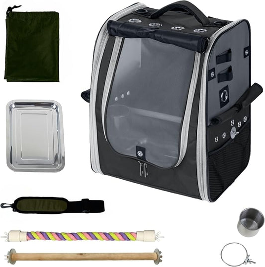 Birds Day Bird Carrier Backpack - Breathable Mesh Portable Parrot Travel Cage with 2PCS Perch, Food Bowl, and Stainless Steel Tray (Charcoal Gray)