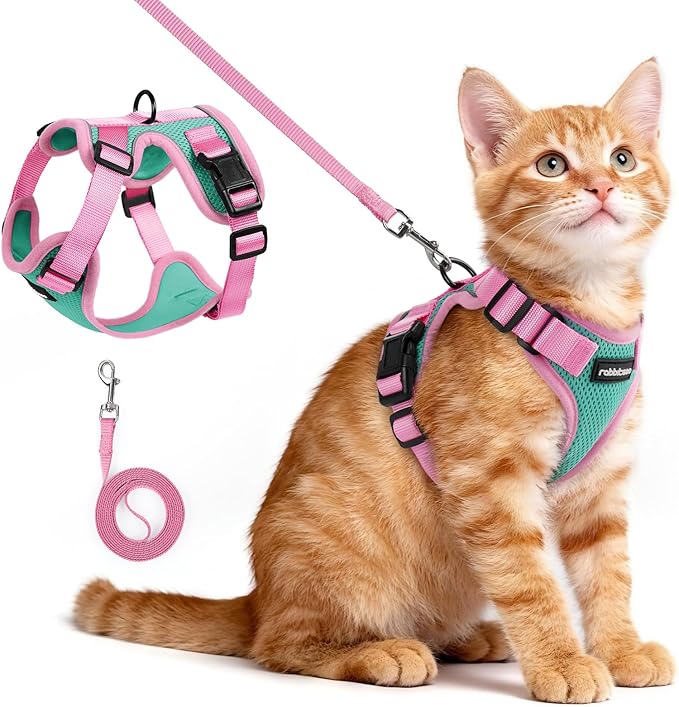 rabbitgoo Cat Harness and Leash Set, Escape Proof Soft Adjustable Vest Harnesses for Outdoor Walking, Easy Control Breathable Kitten Jacket with Reflective Strips, Green & Pink, XS