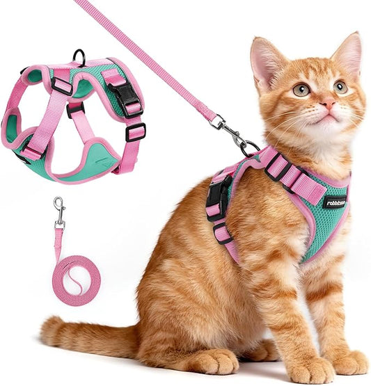 rabbitgoo Cat Harness and Leash Set, Escape Proof Soft Adjustable Vest Harnesses for Outdoor Walking, Easy Control Breathable Kitten Jacket with Reflective Strips, Green & Pink, XS