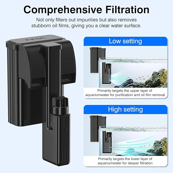 Hang On Back Aquarium Filter Up 20 Gallons Fish Tanks, 3-Stage Multi-Stage Filtration with Surface Skimmer, Ultra Quiet HOB Power Waterfall Filter for Freshwater