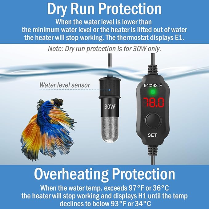 Super Mini Aquarium Heater 10W Betta Heater for 1-2 Gallon Tanks, Small Fish Tank Heater Turtle Heater with Dry-Run/Overheat Protection, Memory Function