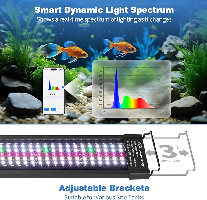 Bluetooth LED Aquarium Light with APP Control, 3 Modes for 24-30 Inch Fish Tank Light with Full Spectrum White Blue Red Green Lights, IP68 Waterproof with Extendable Brackets for Freshwater