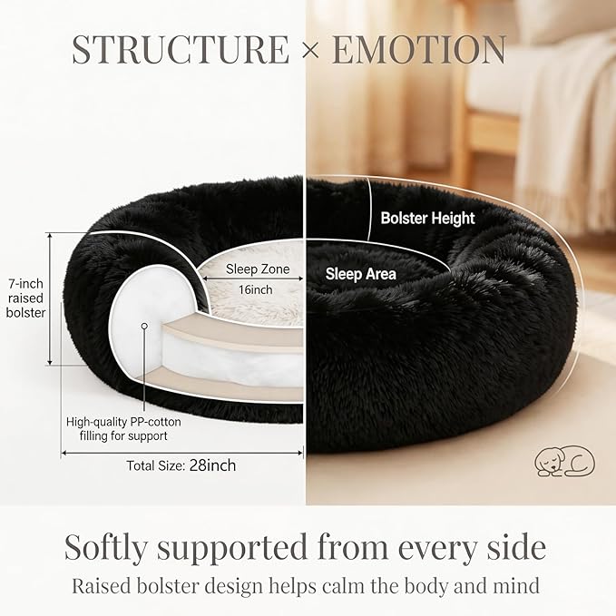 Calming Donut Dogs Beds for Small Dogs Washable,28inch Plush Round Pet Bed for Cozy Sleep,Fluffy Faux Fur Large Cat Bed,Fits up to 30 lbs Pets,Black