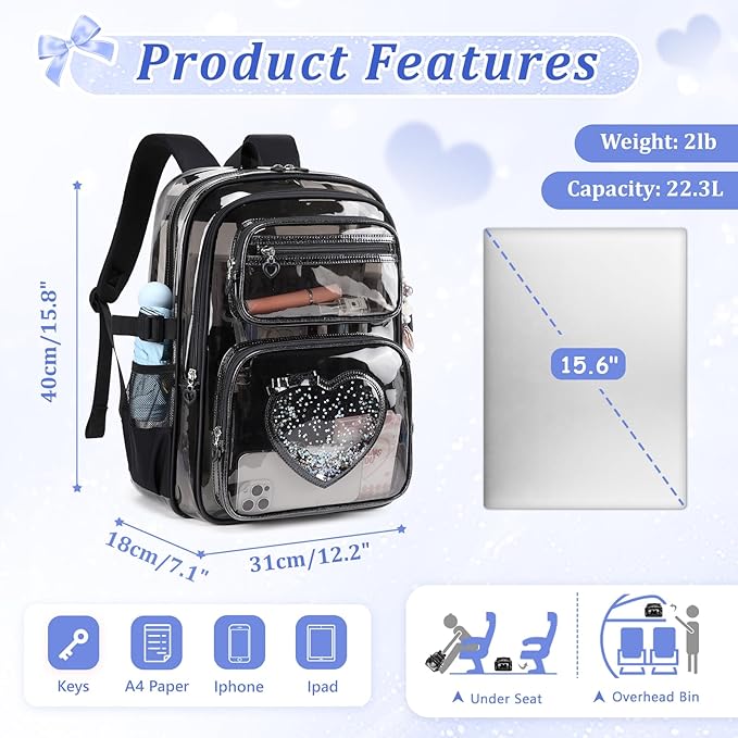 Clear Backpack for School Girls, Cute Heavy Duty PVC Transparent Bookbag, See-Through Bag for Stadium Event Semi-Black