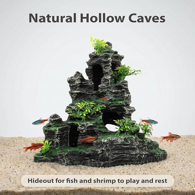 Aquarium Mountain View Stone Ornament, Large Resin Hideout Cave for Betta & Shrimp, Fish Tank Decor Rock Cave with Fish Cave and Hideouts (11.02" x 6.69" x 9.84")