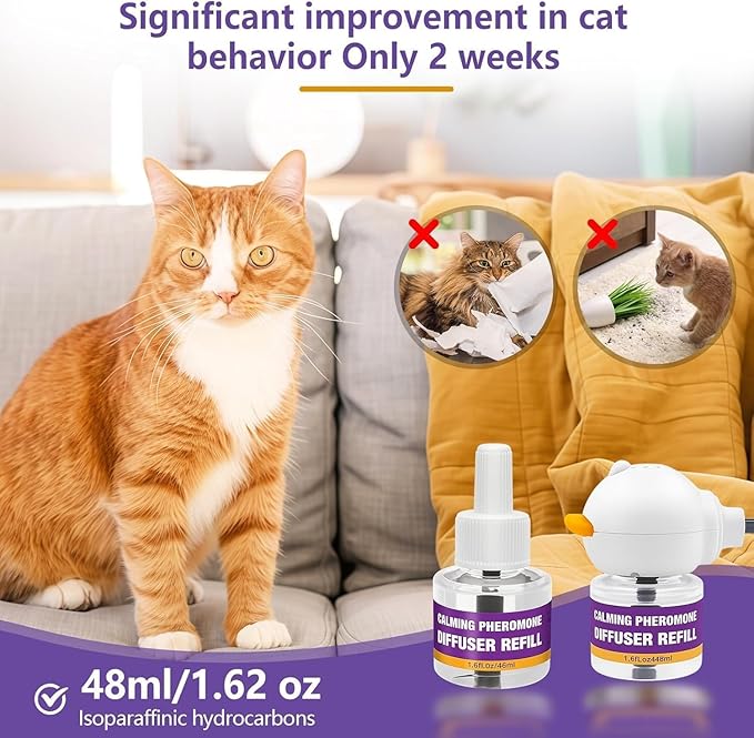 Cat Calming Pheromone Diffuser Kit, Long-Lasting Stress & Anxiety Relief, Reduces Fighting, Spraying & Scratching, Safe & Drug-Free Comfort for All Cats and Kittens 2 Plug-Ins + 4 Refills (48ml Each)