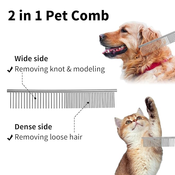 Flezoo 2PCS Dog and Cat Brush, Stainless Steel Pets Grooming Comb Kit, Detangler Deshedding Brush, Metal Knots Hair Remover 6.4" 7.5"