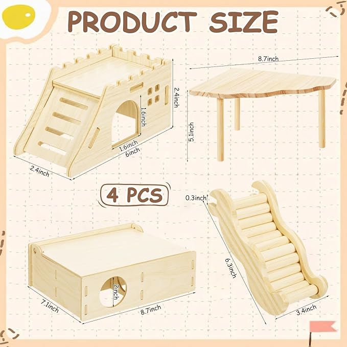 BreezeHug 4 Pcs Hamster Platform Hideout Wooden Tunnel Ladder Playhouse Hamster Game Climbing Toy with Platform Cage Accessories for Pets Dwarf Syrian Mice Degus Gerbils Squirrel(Castle)