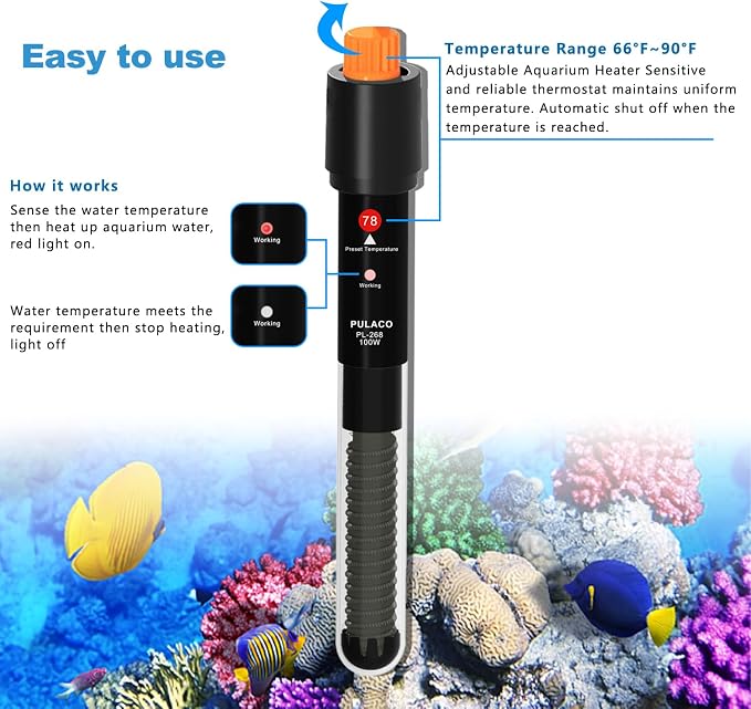 100Watt Aquarium Heater for 15-25 Gallon Fish Tank, Adjustable Submersible Heater Thermostat with Thermometer Strip and Suction Cup