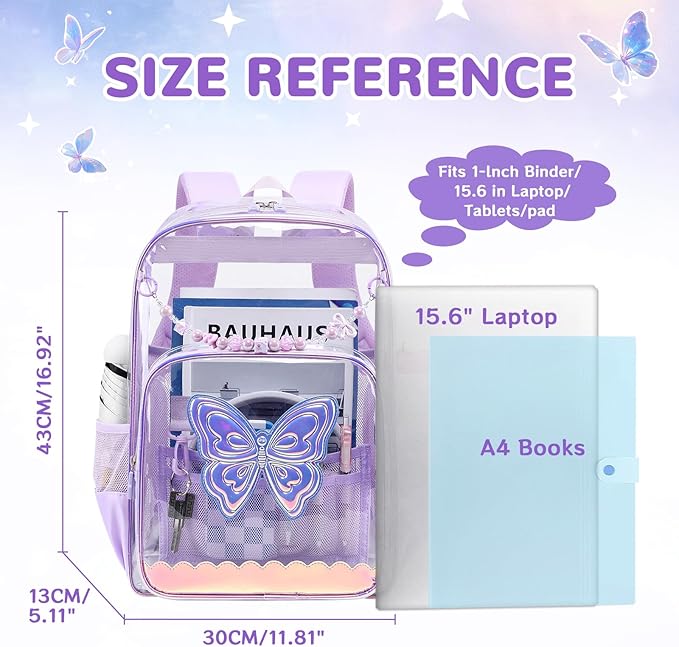 MUSEVOS Clear Backpack, Clear Bookbag for School PVC Heavy Duty Transparent Backpack for Girls, Purple Butterfly