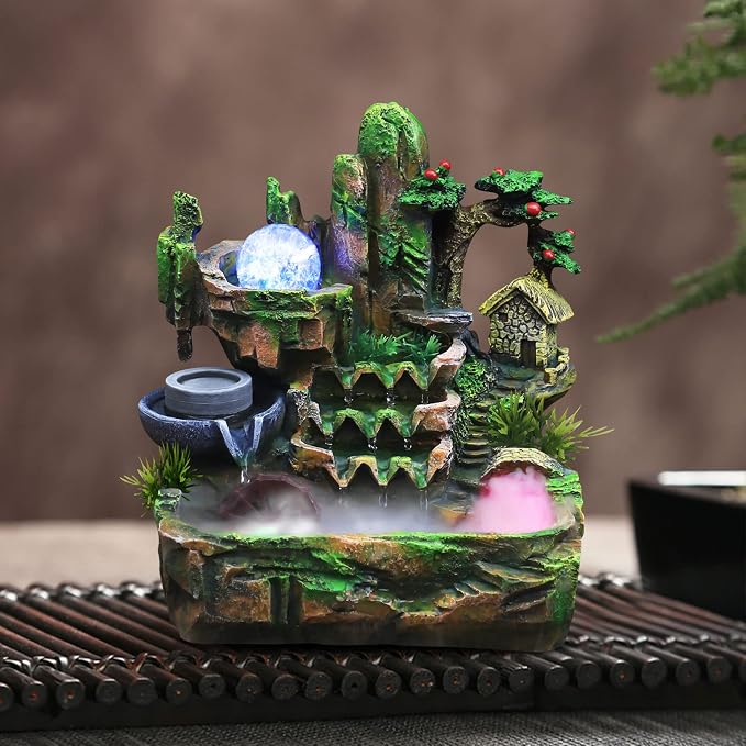 Indoor Fountain Rockery Tabletop Water Fountain with an Atomizer Elaxation | Water Feature Meditation with LED Light for Home Office Desktop Decor Gift 11.81''L x 7.09''W x 12.99''H