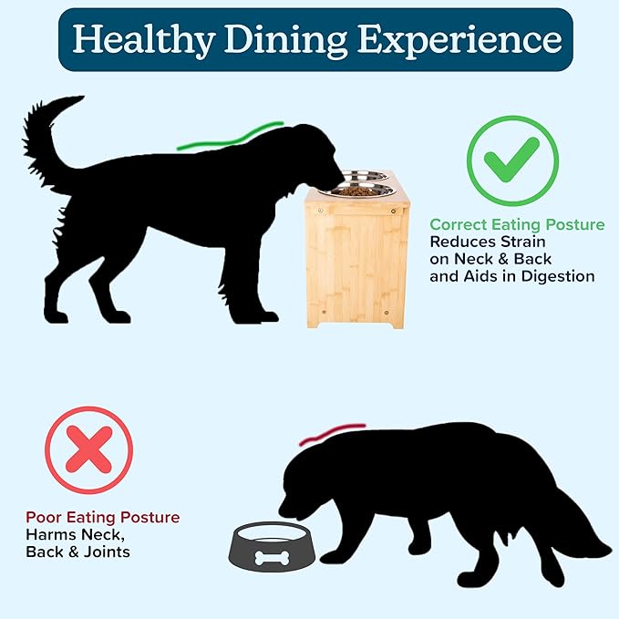 Elevated Dog Bowls - 15-Inch Tall Bamboo Raised Dog Bowl Stand with Nonslip Feet - Comes with Two 60oz Removable Dishwasher Safe Stainless Steel Pet Bowls - Puppy Essentials by PETMAKER