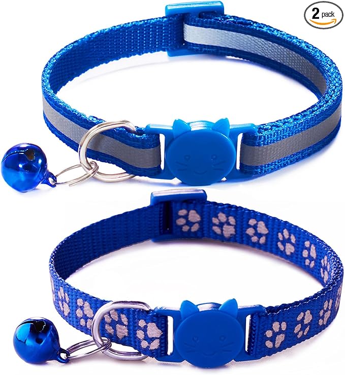 Blue Reflective Cat Collar with Bells, [2 Pack] Break Away Kitten Collar with Bells, Breakaway Cat Collar for Boy Cats Kitty