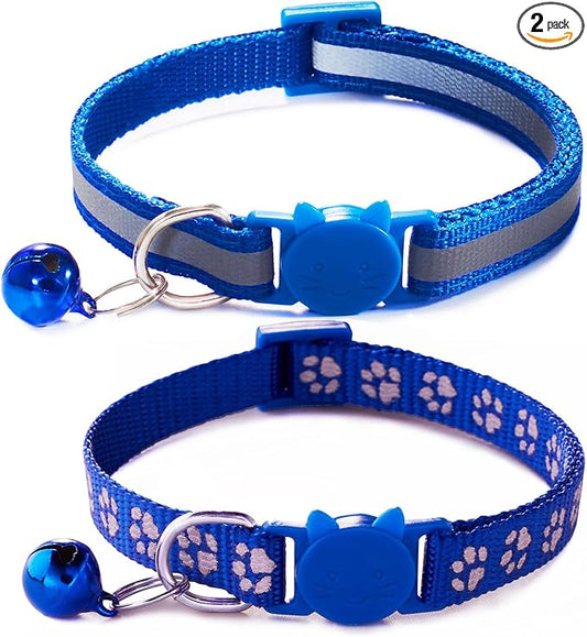Blue Reflective Cat Collar with Bells, [2 Pack] Break Away Kitten Collar with Bells, Breakaway Cat Collar for Boy Cats Kitty